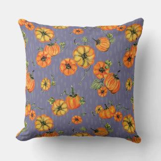 Painterly Watercolor Fall Pumpkins Orange/Purple Cushion