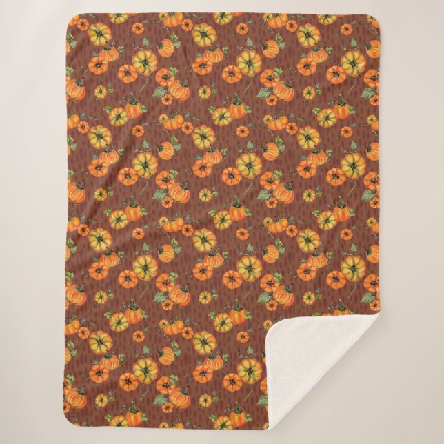 Painterly Watercolor Fall Pumpkins Orange/Rust Sherpa Blanket (Front)