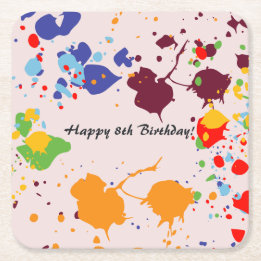 Painting 8th Birthday Party Colourful Splashes  Square Paper Coaster