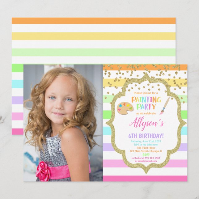 Painting art birthday party pastel photo invitation (Front/Back)