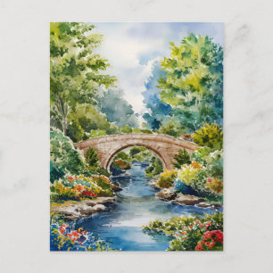 painting art landscape green garden bridge lake  postcard