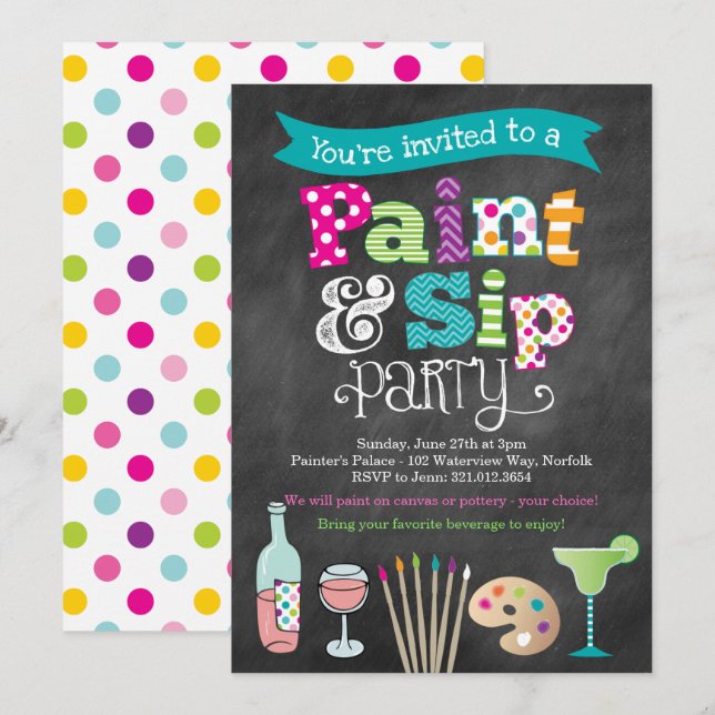Painting Art Party Chalkboard Style Invitation (Front/Back)