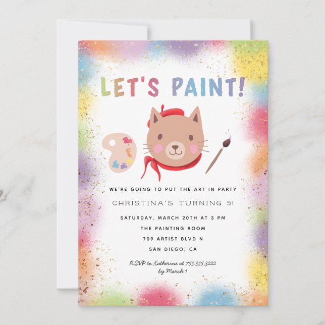 Painting Art Party Kids Birthday Kitty Cat Invitation (Front)
