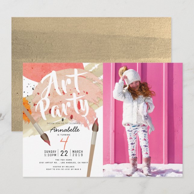 Painting Art Party Modern Chic Girl Photo Birthday Invitation (Front/Back)