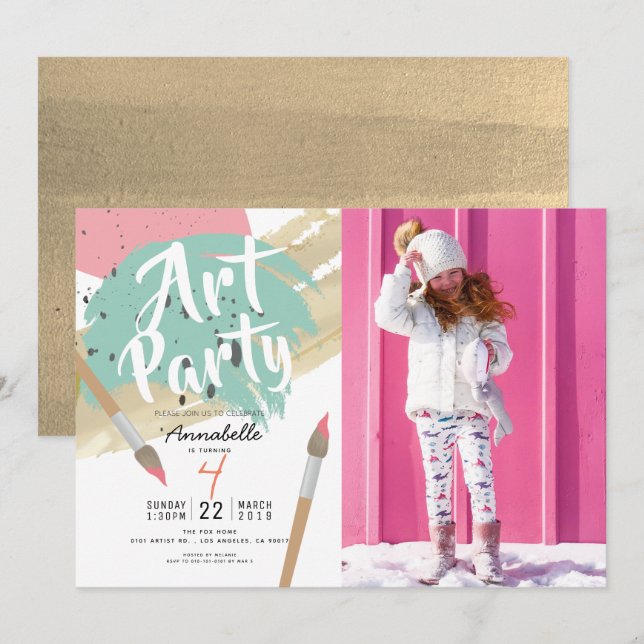 Painting Art Party Modern GIrl Photo Birthday Invitation (Front/Back)