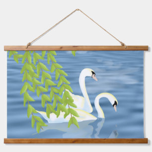 Painting Blue and Green pair of Swans on the lake Hanging Tapestry