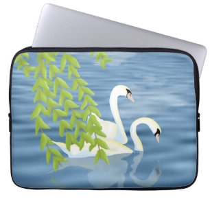 Painting Blue and Green pair of Swans on the lake Laptop Sleeve
