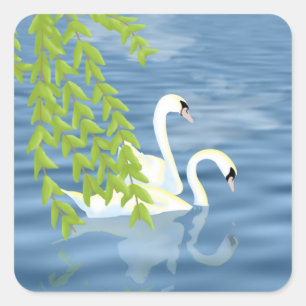 Painting Blue and Green pair of Swans on the lake Square Sticker