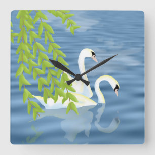 Painting Blue and Green pair of Swans on the lake Square Wall Clock