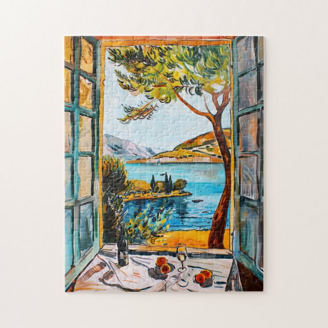 Painting breakfast on window view Mediterran sea Jigsaw Puzzle (Vertical)
