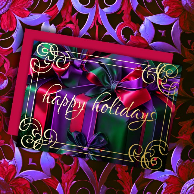 Painting Christmas Gifts Purple Green Burgundy Foil Holiday Card (Creator Uploaded)