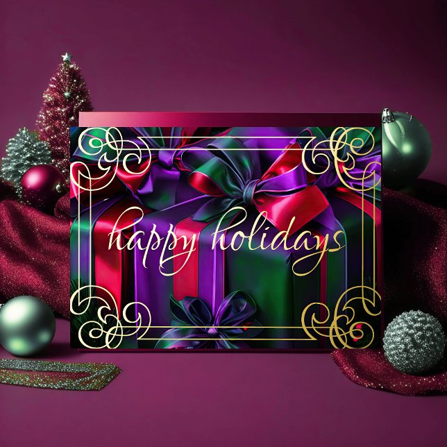Painting Christmas Gifts Purple Green Burgundy Holiday Card (Creator Uploaded)