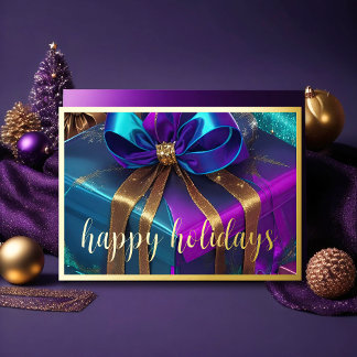 Painting Christmas Gifts Purple Teal Blue Gold Holiday Card