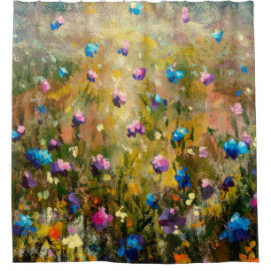 painting closeup Beautiful meadow of blue pink fl Shower Curtain