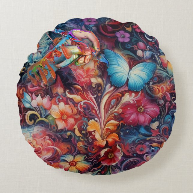 Painting Fantasy Flowers expressing nature Round Cushion (Front)