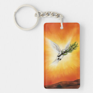 painting flying white peace dove with twig key ring