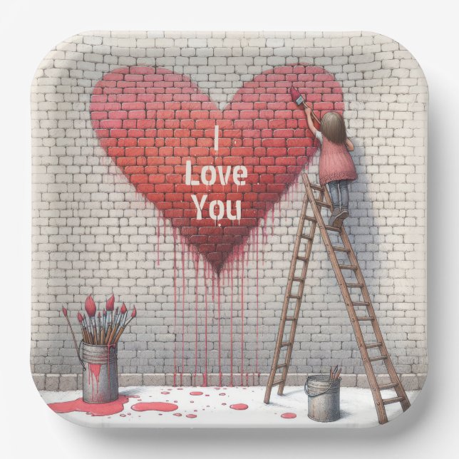 Painting I Love You Heart Mural Paper Plate (Front)