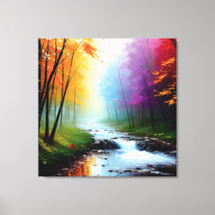 Painting in the forest with a river. canvas print