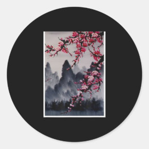 Painting Japanese Art Cherry Blossom Mountain Classic Round Sticker