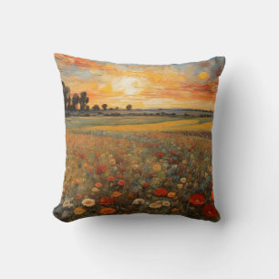 Painting Landscape Sunset Flower Field #3 Cushion