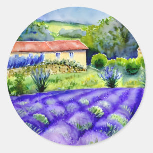 Painting Lavender fields Classic Round Sticker