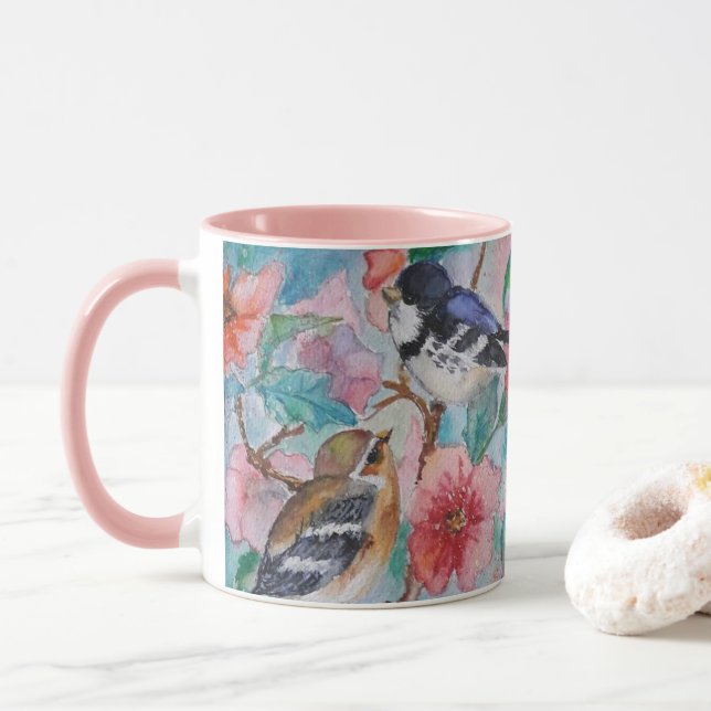 Painting Mug with Sparrows Spring Birds (With Donut)