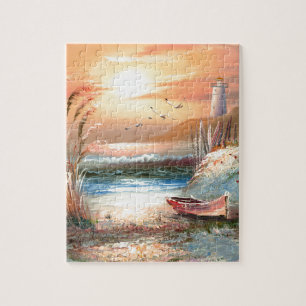 Painting Of A Beached Rowboat Near A Lighthouse Jigsaw Puzzle