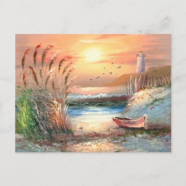 Painting Of A Beached Rowboat Near A Lighthouse Postcard (Front)