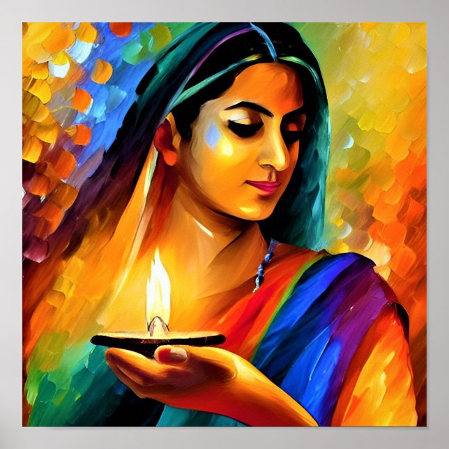 Painting of a Beautiful  Indian Women with Lamp Poster (Front)
