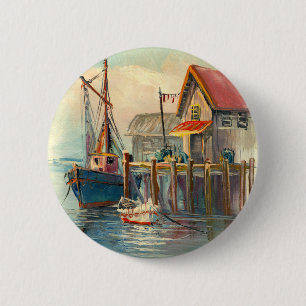 Painting Of A Boat Tied To A Wharf 6 Cm Round Badge