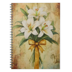 Painting of a bouquet of white lilies with a gold notebook