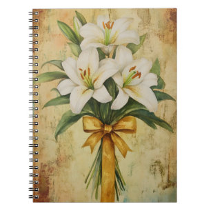 Painting of a bouquet of white lilies with a gold notebook