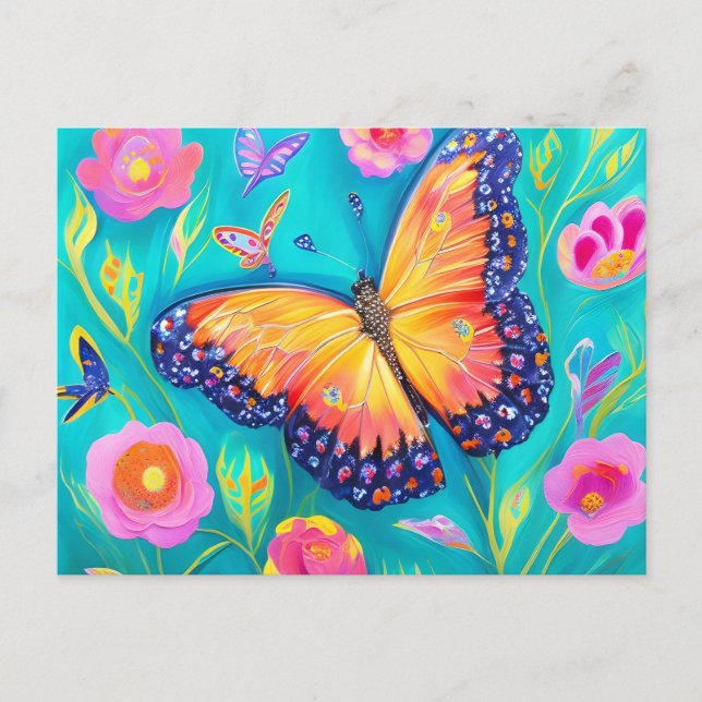 Painting of a butterfly in a field of flowers postcard (Front)