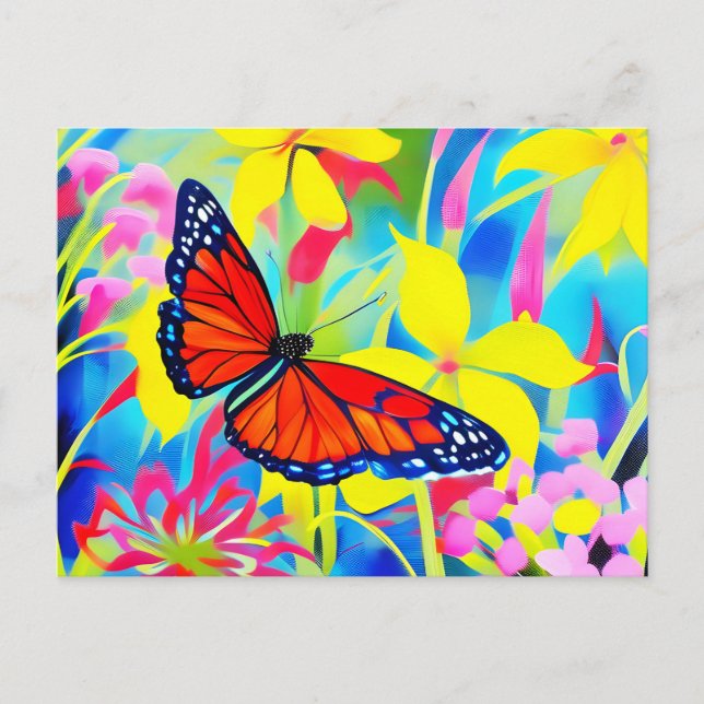 Painting of a butterfly on flowers postcard (Front)