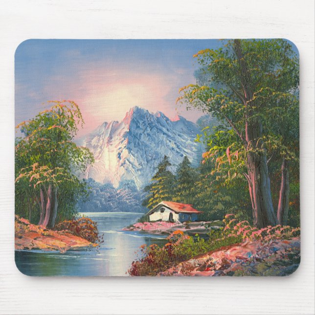 Painting Of A Cabin Along A Mountain River Mouse Mat (Front)