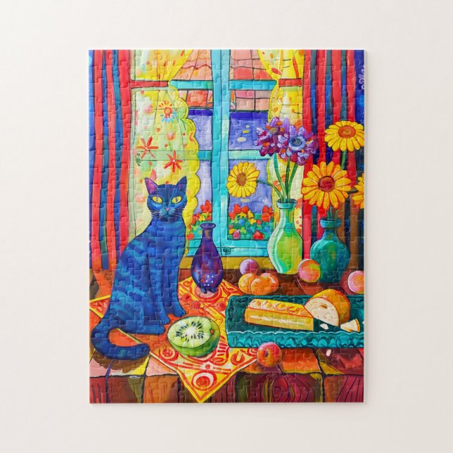 Painting of a Cat on Kitchen Table by Window Jigsaw Puzzle (Vertical)
