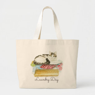 Painting of a Cat sat on Washing Laundry Day Large Tote Bag