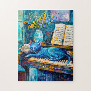 Painting of a Cat Sleeping on Piano Jigsaw Puzzle