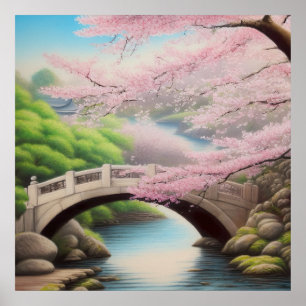 Painting Of A Cherry Blossom Tree At A Bridge Poster