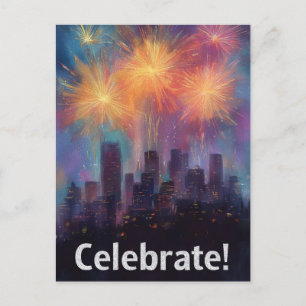 Painting of a City Skyline Underneath Fireworks Postcard