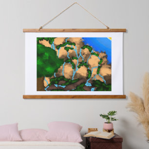 Painting of a cliff with streams running down it. hanging tapestry