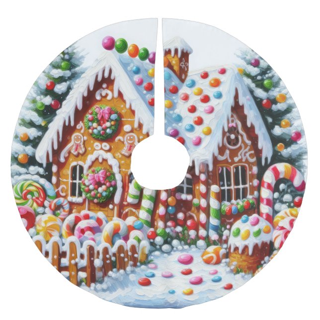 Painting of a Colourful Candy Gingerbread House Brushed Polyester Tree Skirt (Front)