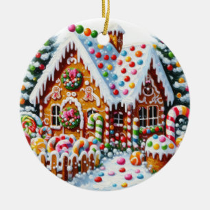 Painting of a Colourful Candy Gingerbread House Ceramic Tree Decoration