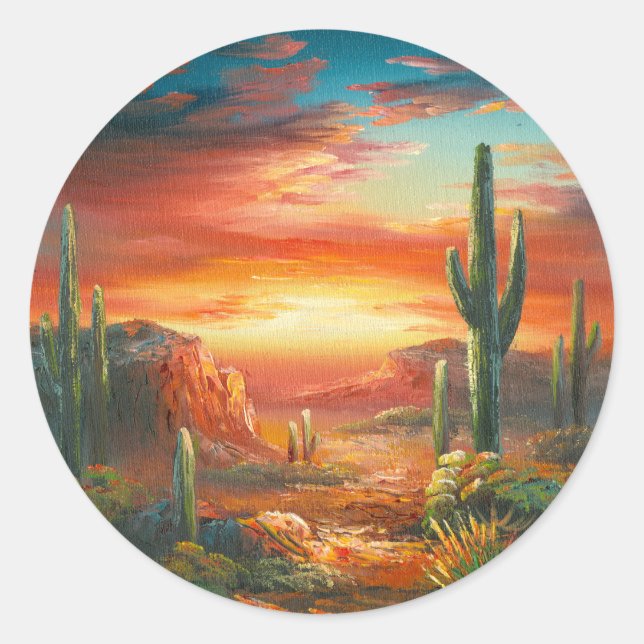 Painting Of A Colourful Desert Sunset Painting Classic Round Sticker (Front)