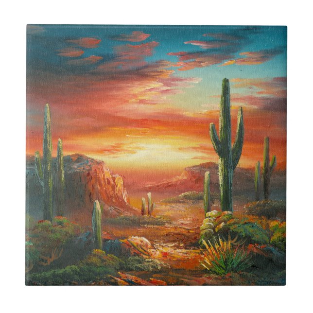 Painting Of A Colourful Desert Sunset Painting Tile (Front)