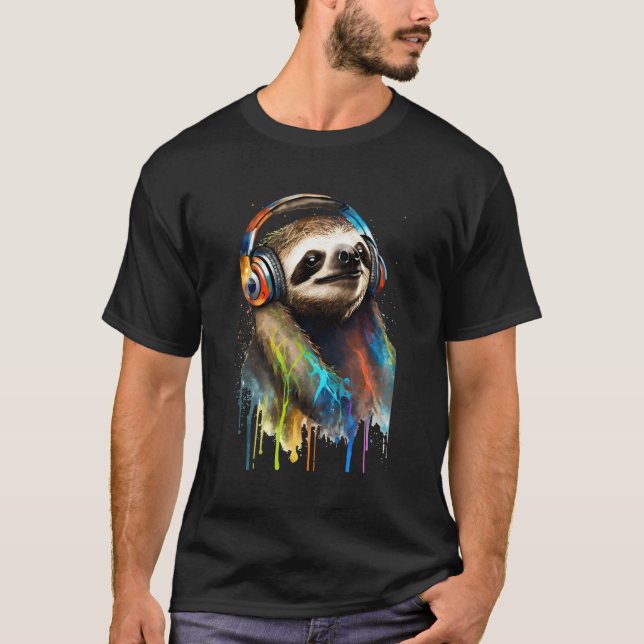 Painting Of A Colourful Sloth Wearing Headphones S T-Shirt (Front)