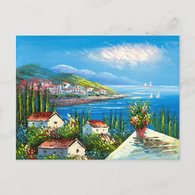 Painting Of A Mediterranean Seaside Village Postcard (Front)