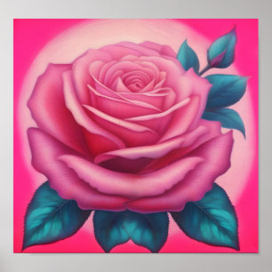 Painting of a neon pink rose poster