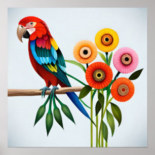 Painting of a Parrot Amongst a Rainbow of Blooms Poster