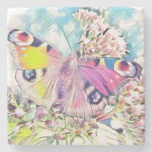 Painting of a pink butterfly on coloured flowers s stone coaster